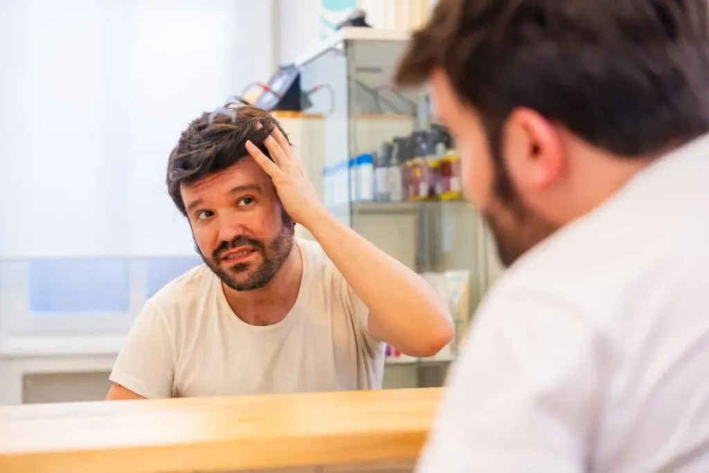 Man checking his hairline in the mirror, men’s health support at Pan Pharmacy Birmingham